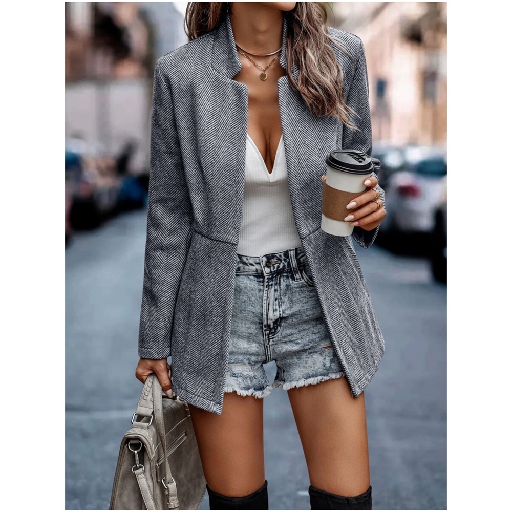 Classic Grey Herringbone Blazer Jacket Coat - Picture 6 of 12
